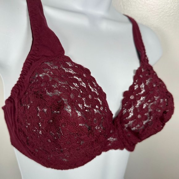 Vintage Maidenform 34D Bra Lace Burgundy Plunge 3229 Cotton Conuture See Through - Picture 1 of 12